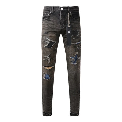 Americans High Street Trendy Men's Jeans Low Rise Stretch PantsSkinny Button Fly Ripped Retro Hold Trousers