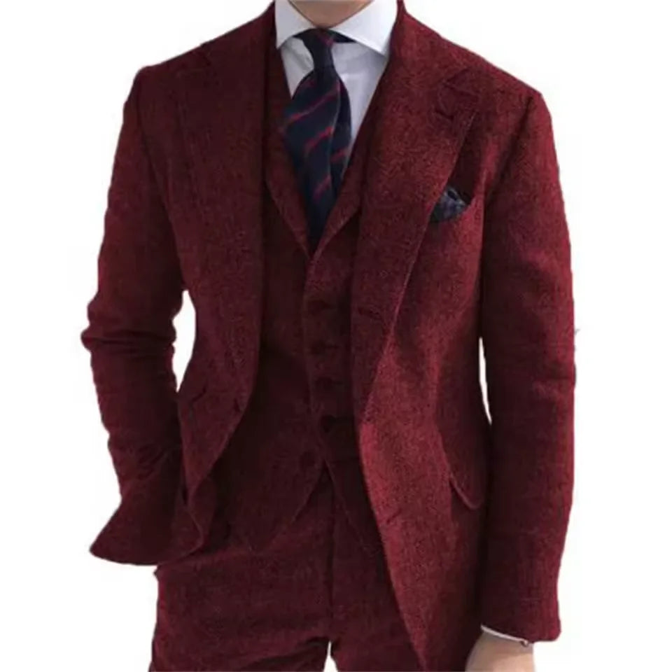 New Wool Tweed Winter Men Suit's For Wedding Formal Groom Tuxedo Herringbone Male Fashion 3 Piece Suit (Jacket + Vest + Pants)
