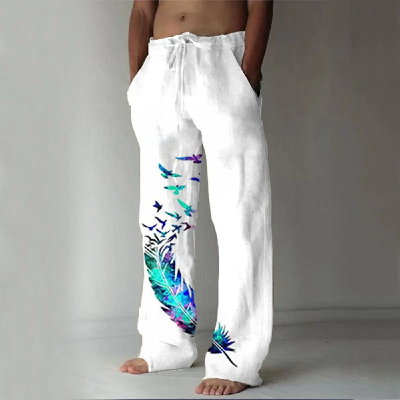 Men's Casual Print Dstring Trousers Comfortable Elastic Waist Long Pants Youth Faion Spor Straight Leg All Season