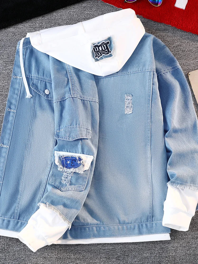 Fall Men's Denim Jaet Baseball Sle Casual Hoodie Outerwear Spring Autumn Couple's Faionable Loose Fit Long Sve