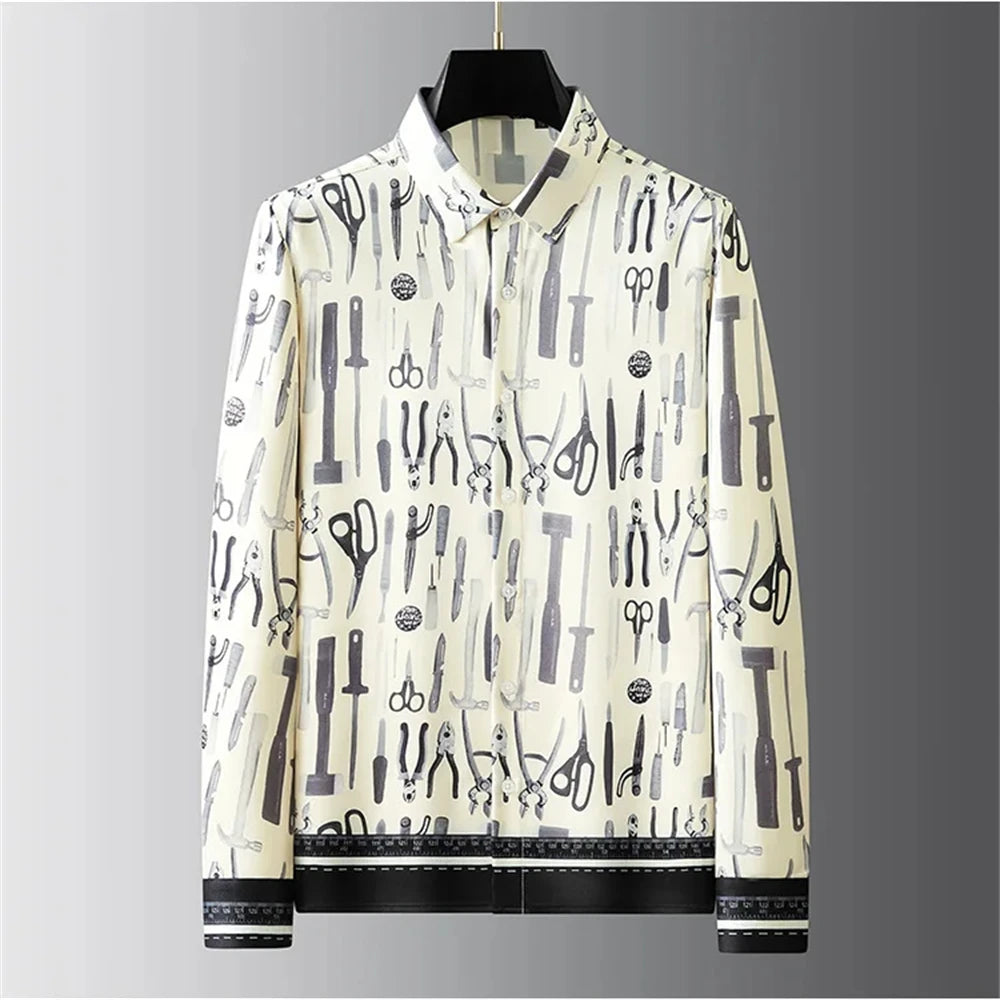 Luxury Letter Print Shirt Men's Long Sleeve Slim Fit Casual Shirt High Quality Fashion Korean Extra Large Size Men's Clothing