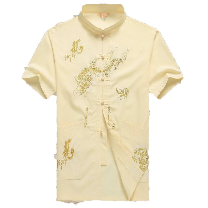 Chinese Men Cotton Kung Fu Suit Embroidery  Wu Shu Uniform Tai Chi Clothing Short Sleeve Shirt+Pant M L XL XXL XXXL MS013