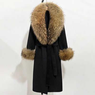 2025 New Autumn Wool Blend Coat Women Elegant Warm Real Fox Fur Collar Winter Wool Coat Female Double-sided Cashmere Jacket