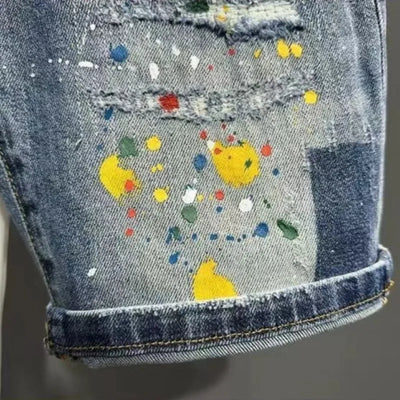 Men's Short Jeans Pants Graffiti Slim Blue Ripped Male Denim Shorts Rude Retro Summer Thin Stretch Korean Fashion Streetwear Xl