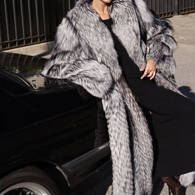 Women Real Silver Fox Fur Coat with Lapel Collar Whole Skin Genuine Silver Fox Fur Coat Women Winter Outwear Thick Warm Overcoat