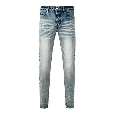 Americans Streetwear Distressed Vintage Men's Jeans Low Rise Stretch Skinny Button Fly Ripped Hold Pants