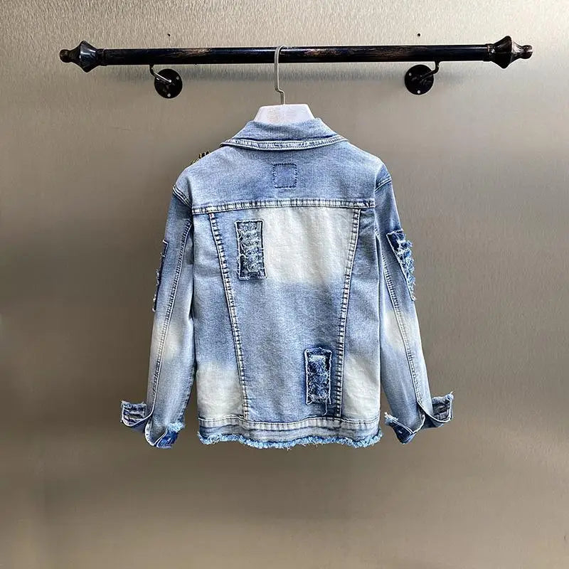 Spring Autumn New Women's Embroidery Red Rose Short Denim Jacket Coat Hole Long Sleeve Skinny Blue Jeans Coats