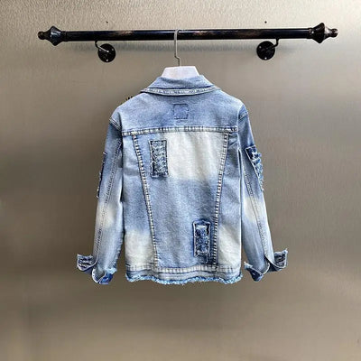 Spring Autumn New Women's Embroidery Red Rose Short Denim Jacket Coat Hole Long Sleeve Skinny Blue Jeans Coats