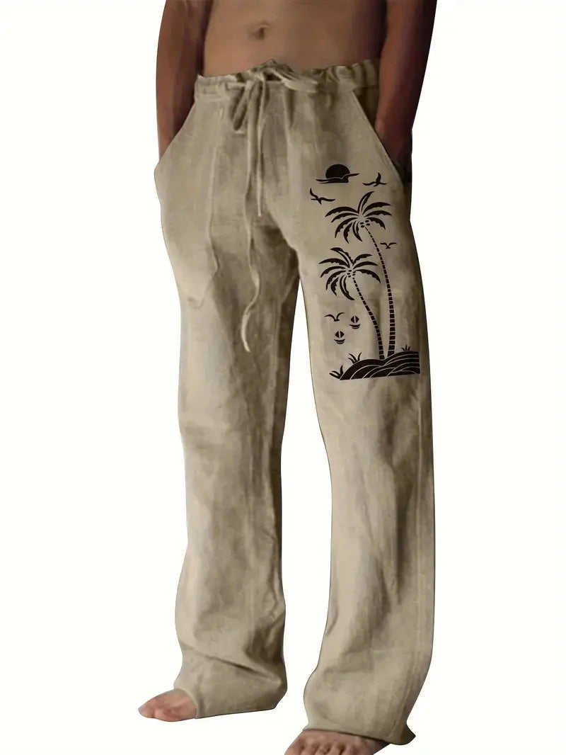 Vintage Coconut Tree Sunset Print men's New Winter Pants Fashion men's Sweatpants Men's Loose Casual Pocket Pull Rope Sweatpants