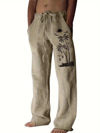 Vintage Coconut Tree Sunset Print men's New Winter Pants Fashion men's Sweatpants Men's Loose Casual Pocket Pull Rope Sweatpants