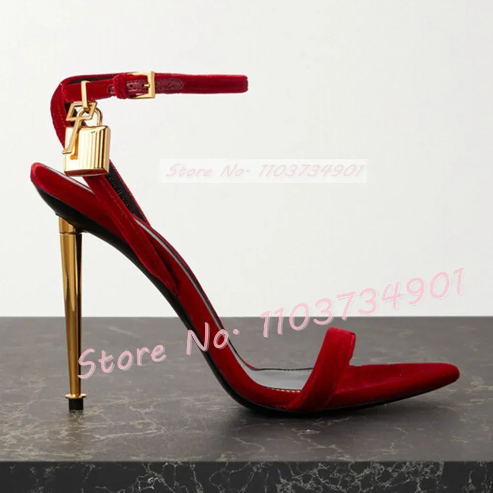 Metal Heel Lock Metallic Leather Sandals Female Luxury Open Toe Stiletto High Heels Shoes Lady Elegant Party Ankle Strap Sandals