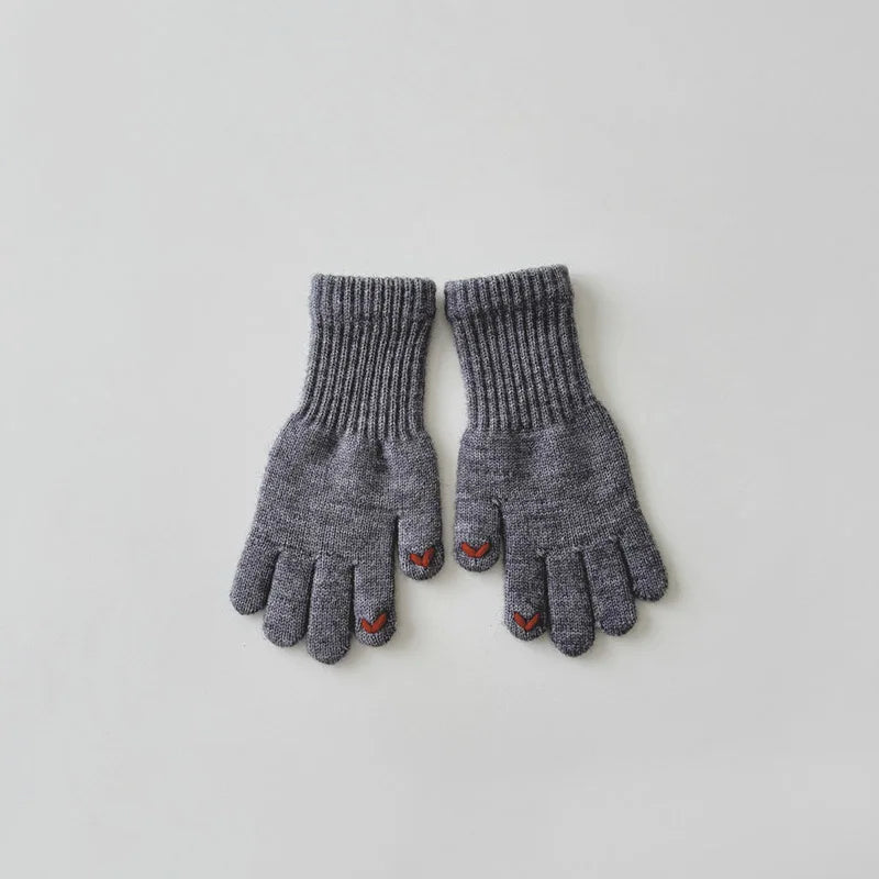 Winter Warm Children Long Gloves Solid Woolen Five Finger Glove Embroidered Love Kintted Mittens 4-8year Kids Touchscreen Gloves