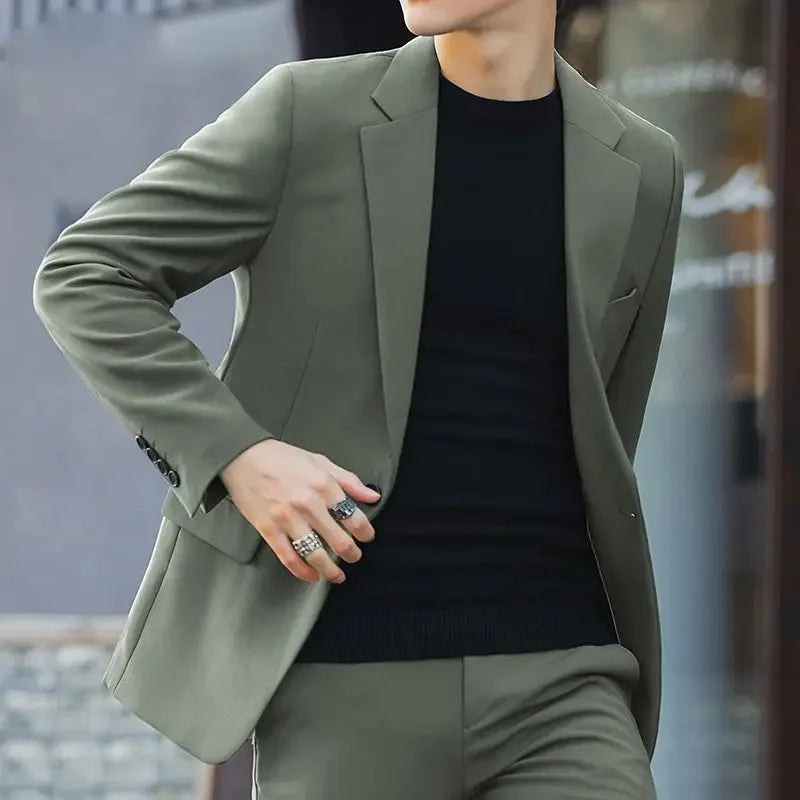 2 Piece Outfit Set Male High Quality 2024 Solid Color Slim Fit Full Men's Suits and Blazers Fashion Pants Luxury Elegant Classic