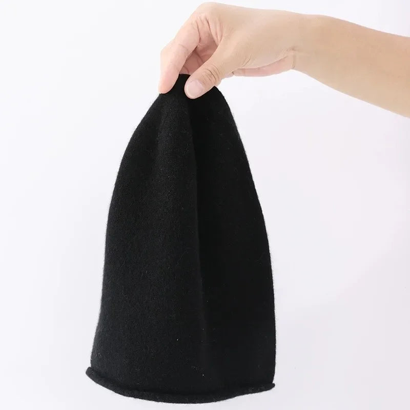 High Quality Pure Cashmere Hat Men Women Autumn Winter Warm Knit Curled Cold Wool Cap Male Casual Classic Solid Beanie Couple