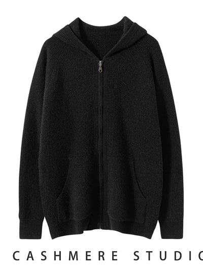 Men's Autumn Winter Cashmere Sweater Zippers Hooded Cardigan Jacquard Casual Pockets 100% Cashmere Knitwear Raglan Sleeve Tops