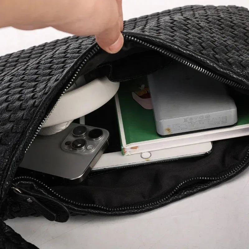 New Vegan Leather Hobo Bag Handmade Woven Casual Female Half Moon Handbag Big Capacity Patchwork Zipper Women Tote Shoulder Bags