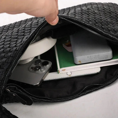 New Vegan Leather Hobo Bag Handmade Woven Casual Female Half Moon Handbag Big Capacity Patchwork Zipper Women Tote Shoulder Bags