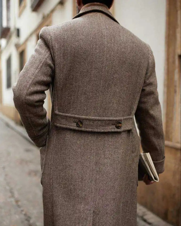 Brown Men Tweed Overcoat Blazer Peaked Lapel Double Breasted Tuxedos Coats