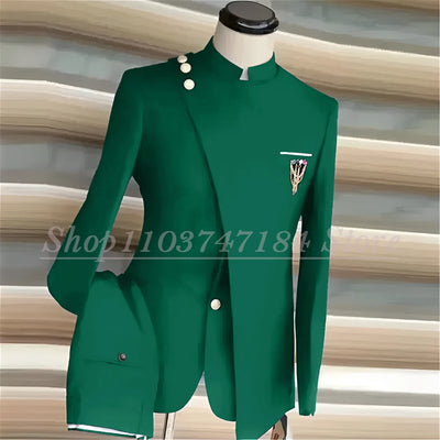 Navy Blue Men's Suits Single Breasted Stand Lapel Blazer African Style Formal Occasion Party 2 Piece Jacket Pants Costume Homme