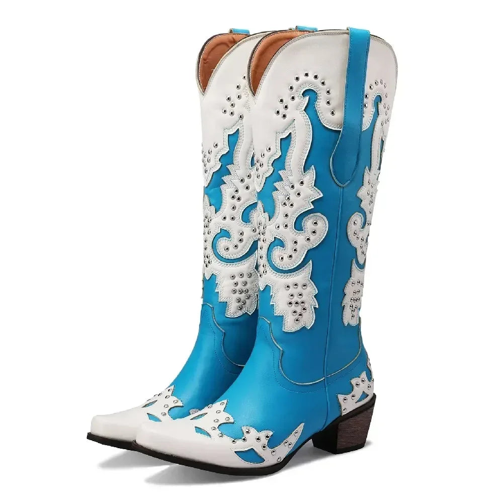 Western Cowboy Knee High Boots Women Blue Red Mixed Color Floral Fretwork Rivet Winter Pointed Toe High Heels Cowgirl Long Boots