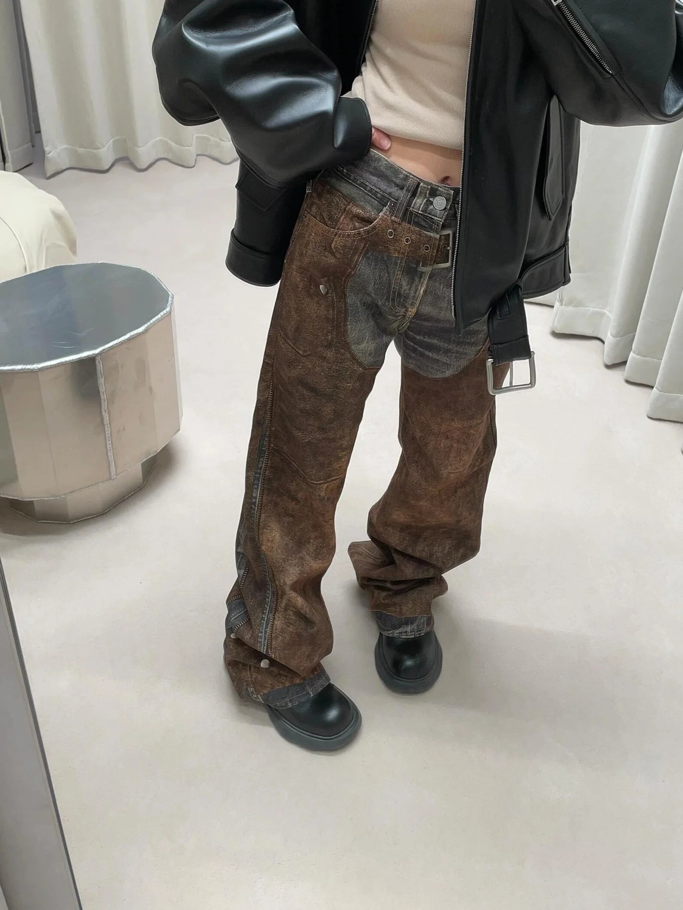 2025 autumn and winter new high-quality elegant women's clothing French retro printed high waisted wide leg denim pants