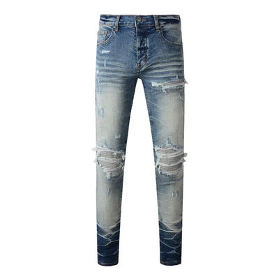 Fashion Top Quality Streetwear Distressed Men's Jeans  Vintage Low Rise Stretch Skinny Button Fly Ripped Hold Pants