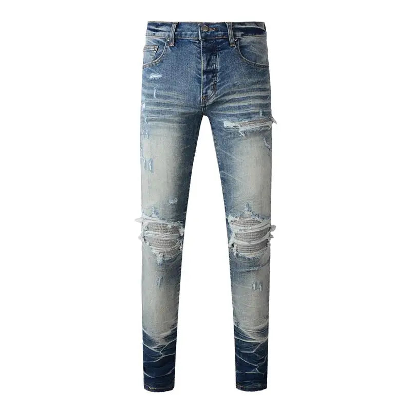 Fashion Top Quality Streetwear Distressed Men's Jeans  Vintage Low Rise Stretch Skinny Button Fly Ripped Hold Pants