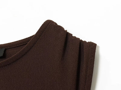 DEEABAE Autumn new women's fashion temperament pleated design with back slit round neck sleeveless MIDI dress