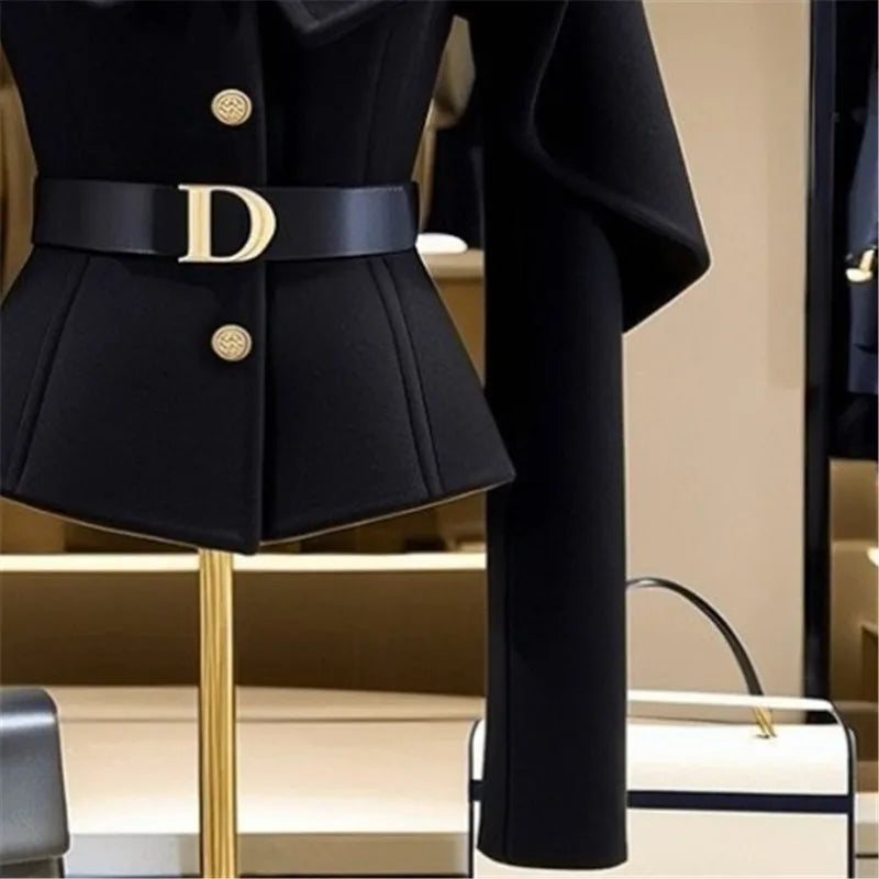 Limiguyue Black Short Jacket for Women Small Fragrance Letter Belt Coat High End Design Turn Down Collar Tops Autumn Winter 493P