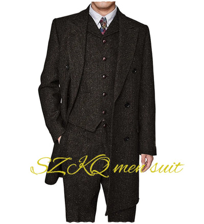 Men's Suit Retro 3 Piece Herringbone Long Jacket Double Breasted Blazer