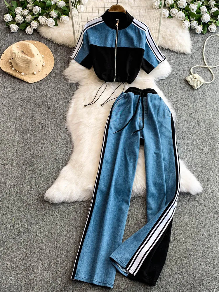 Hong Kong Sle Retro Set Women's Stand Collar ort Sve T-irt Denim Patchwork Loose Elastic Waist Straight Leg Pants