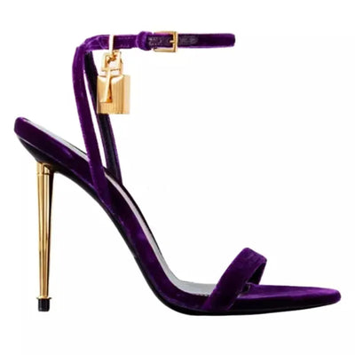 Women Padlock Sandals Gold Green Metallic Leather Runway Dress Shoes Ankle Strap Stiletto High Heels Celebrating Shoes