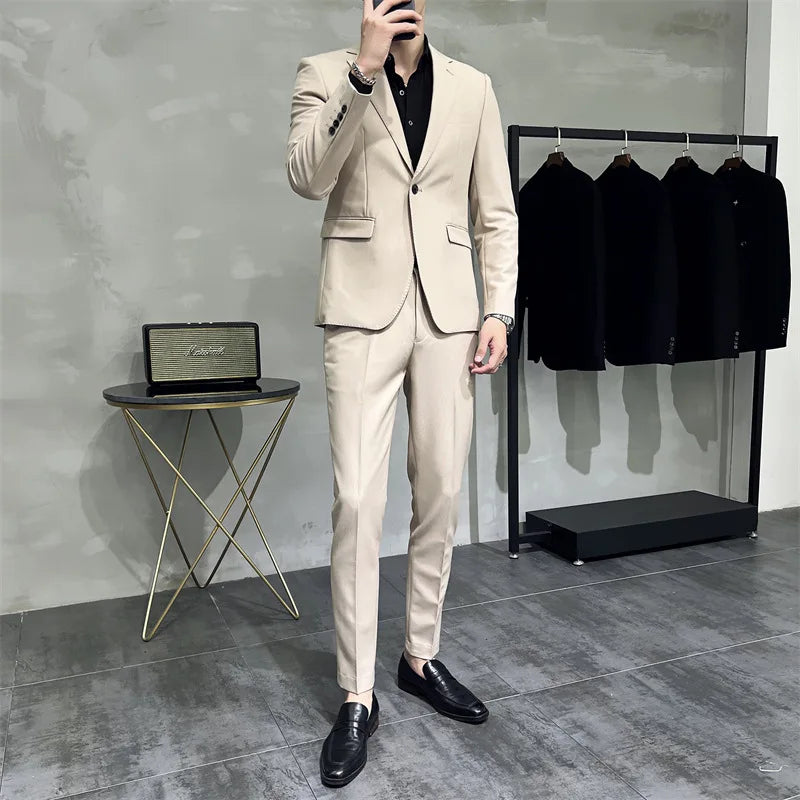 Men's Solid Color Formal Two-Piece Suit Fashion Business Casual Office Dress Wedding Party High-Quality Jacket And Pants Set