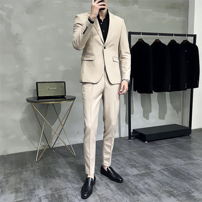 Men's Solid Color Formal Two-Piece Suit Fashion Business Casual Office Dress Wedding Party High-Quality Jacket And Pants Set