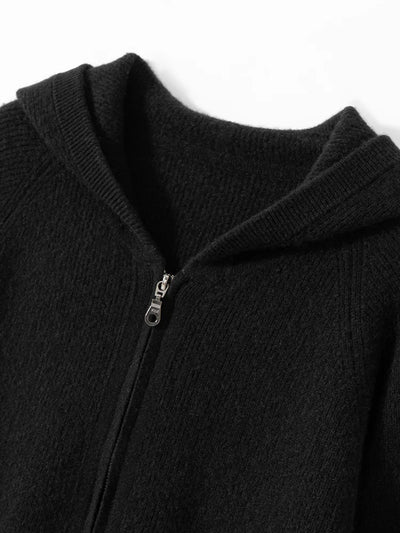 Men's Autumn Winter Cashmere Sweater Zippers Hooded Cardigan Jacquard Casual Pockets 100% Cashmere Knitwear Raglan Sleeve Tops