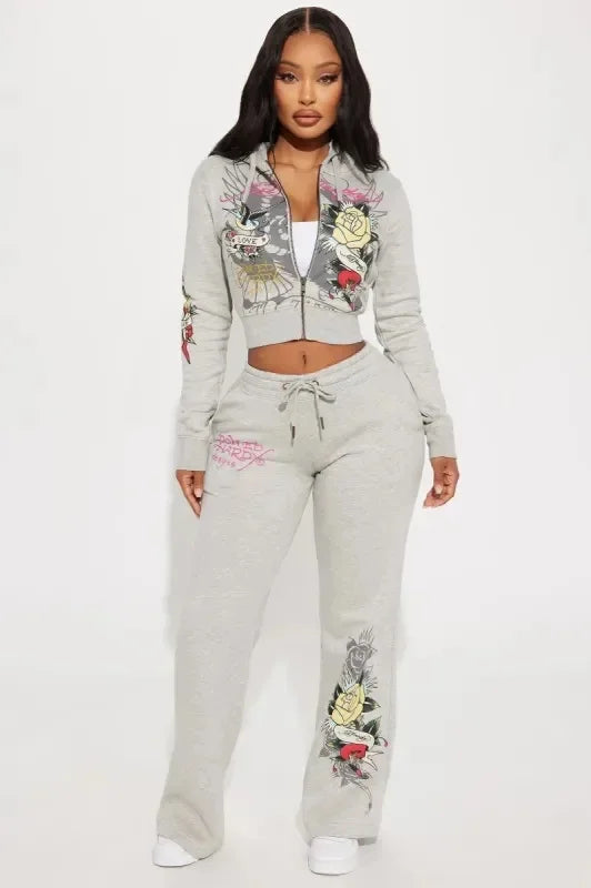 Comfortable Casual Fashion Streetwear Zipper Hooded Printed Two-Piece Set Women's Clothing Vibrant Artistic Design