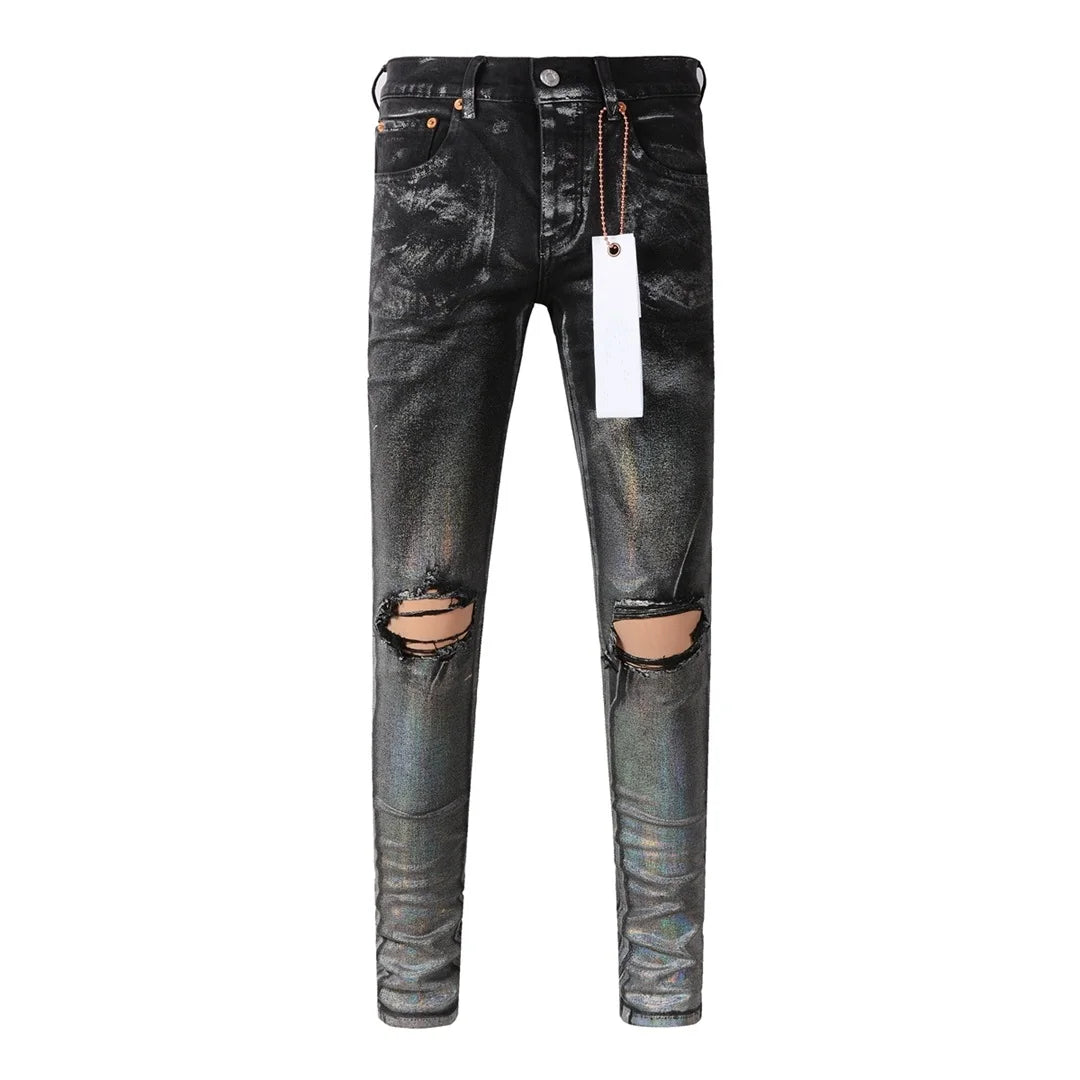 Americans High Street Trendy Men's Jeans Low Rise Stretch PantsSkinny Button Fly Ripped Retro Hold Trousers