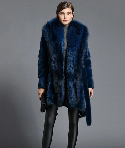 HDHOHR 2025 New Natural Mink Fur Coats Women Real Mink Fur Coat With Big Fox Elegant blue High Quality Female Warm Winter Jacket
