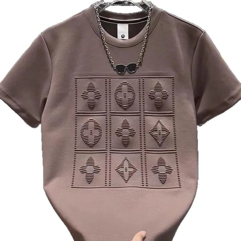2025 summer new men's versatile heavy industry letter steel print short sleeve t-shirt fashion casual crew neck pullover top