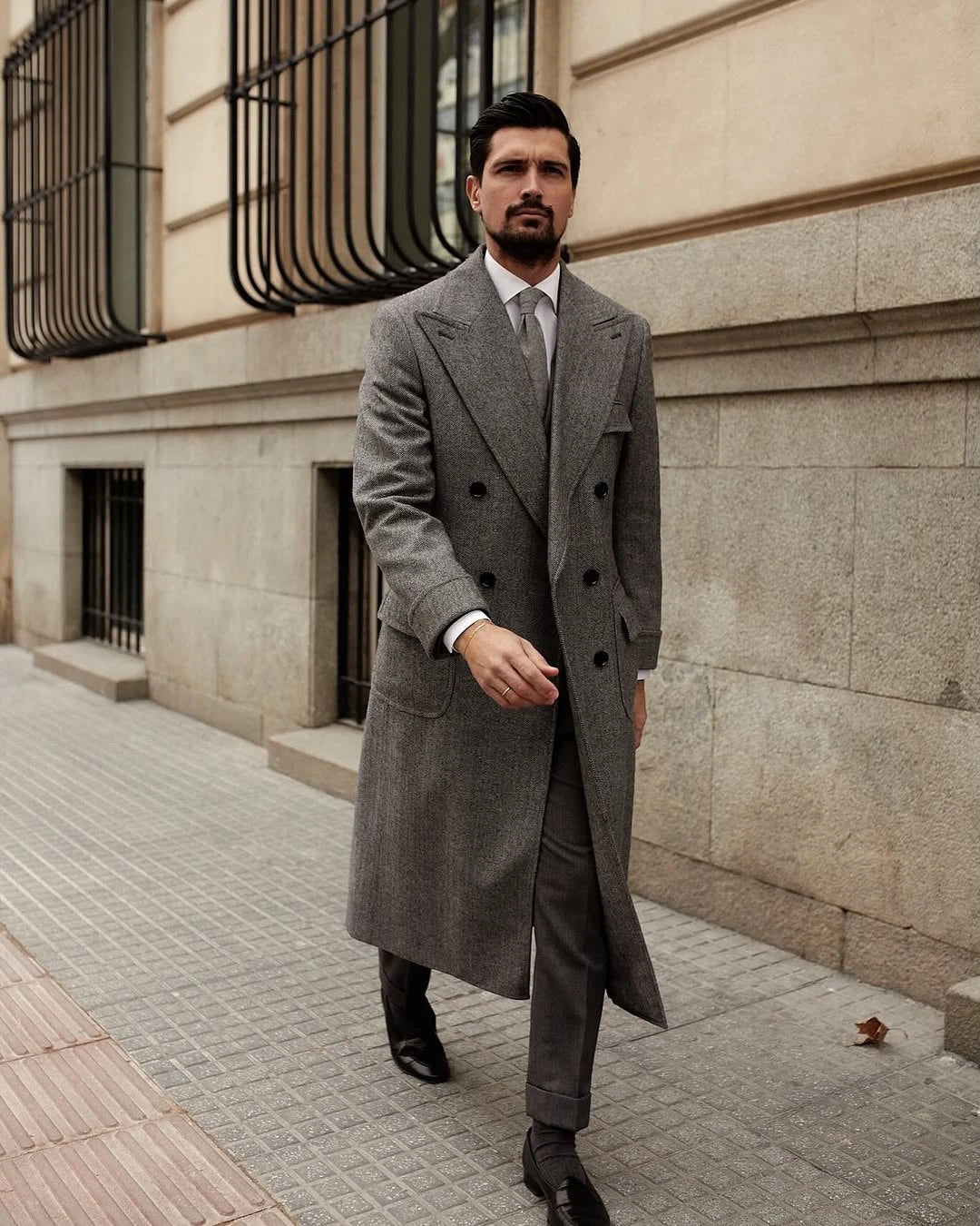 Chevron Fabric Winter Long OverCoat Lapel Double Breasted Winter Lapel Houndstooth Business Formal Men‘s Coat Blazer Customized