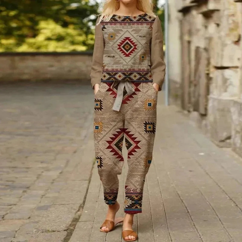 Spring Summer New Vintage Print Long Sleeve round Neck T-Shirt Set Wide Leg Pants Ethnic Style Fashionable Women's Outfit