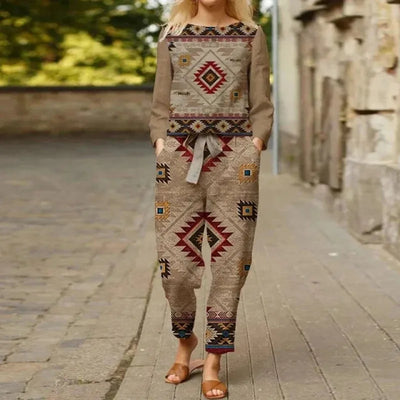 Spring Summer New Vintage Print Long Sleeve round Neck T-Shirt Set Wide Leg Pants Ethnic Style Fashionable Women's Outfit