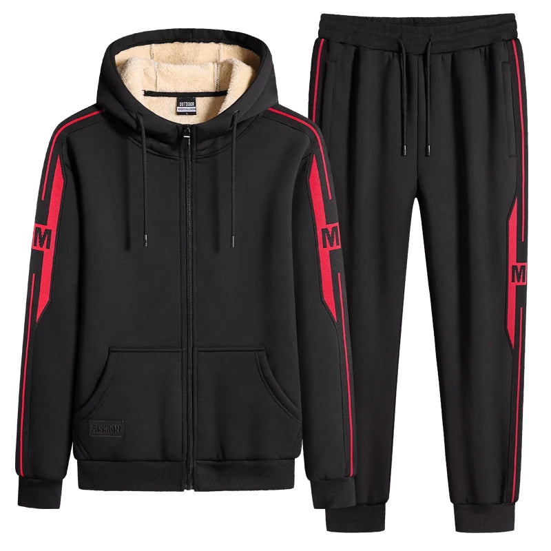 Winter Men Set Warm Thick Hooded Jacket+Pants 2pc Sets Men Lamb Cashmere Hoodies Zipper Tracksuit Man Sports Suit Plus Size 9XL