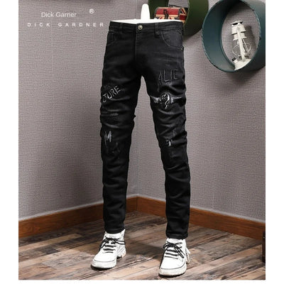 Embroidered printed black jeans for men, fashionable street style slim fit with small feet, trendy stretch denim pants