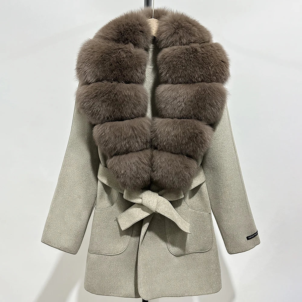 Wool Blend Jacket Autumn Women Winter Fashion Real Fox Fur Collar European Fahsion Woolen Coat Natural Fur Collar Coat Female
