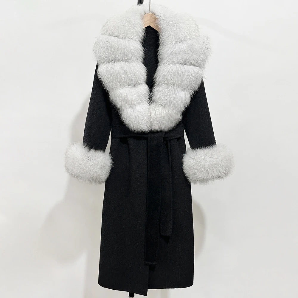 2025 New Autumn Wool Blend Coat Women Elegant Warm Real Fox Fur Collar Winter Wool Coat Female Double-sided Cashmere Jacket
