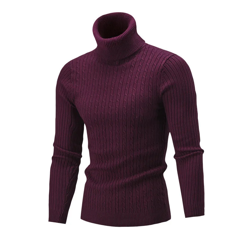 2025 Winter Men's Sweater Casual Slim Fit High Neck Pullover High Quality Elastic Pink Sweaters Knitted Sweater Men