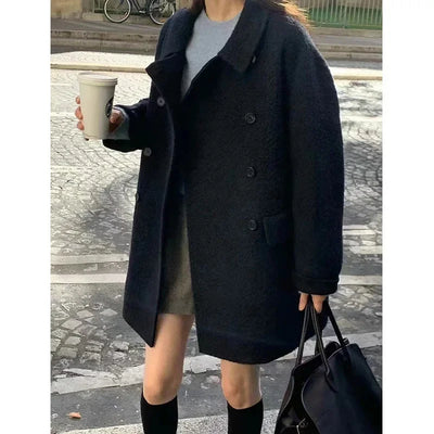 Korean Dongdaemun OUN*CE French Style Loose Gentle Collar Double Button Woolen Coat Medium Length Outerwear Women's Cardigan