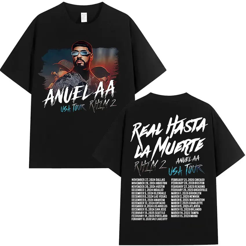 Rapper Anuel AA Real Hasta La Muerte Tour 2025 new Album T Shirts Men's Hip Hop gothic T-Shirts 100%  Short Sleeve T-Shirt