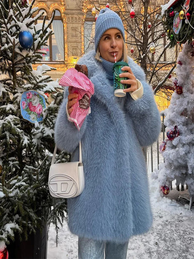 Luxury Faux Fur Women's Coat Turn down Collar Long Sleeve Button Pocket Soft Overcoat Thick Warm Winter Outerwear for Ladies